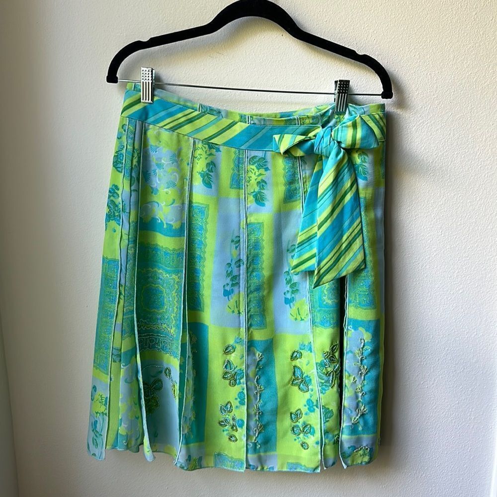 Dolce Apparel Green And Yellow Beaded Summer Skirt size M